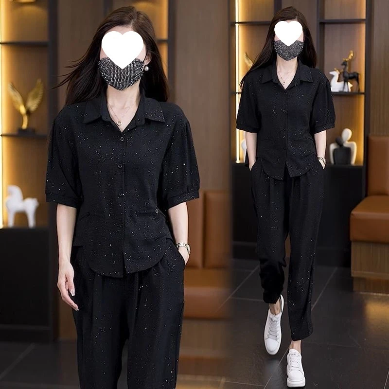 时尚套装女2024夏季大码新款衬衫遮肉显瘦减龄洋气细闪衬衫两件套