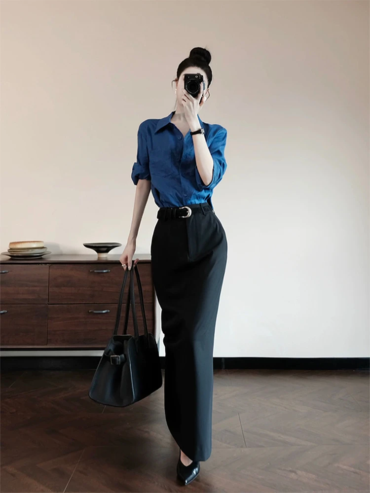 巨好看秋装一整套轻奢高级感干练气质蓝色衬衫黑色半身裙两件套装