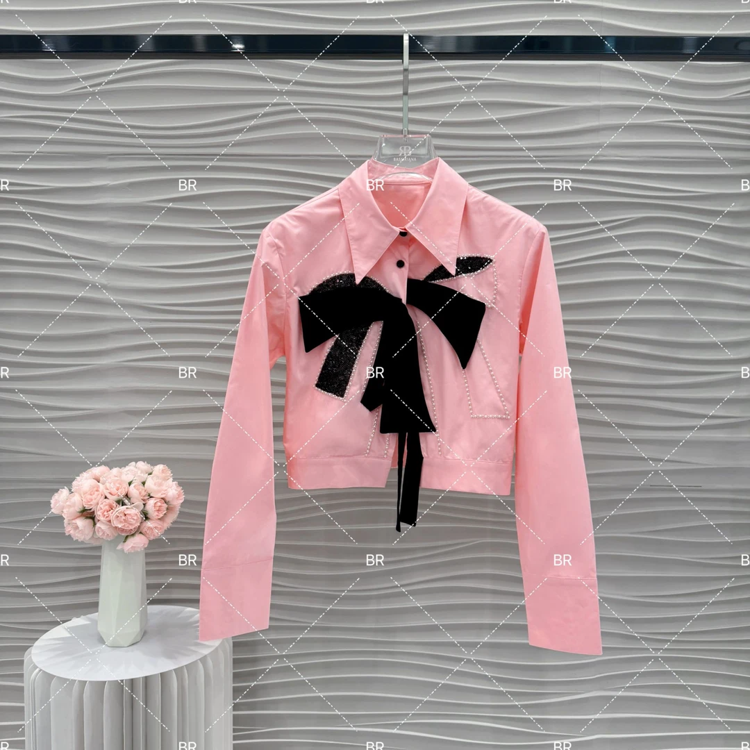 [璎珞]2025秋季新款衬衣粉色上衣骑士短衬衫5333