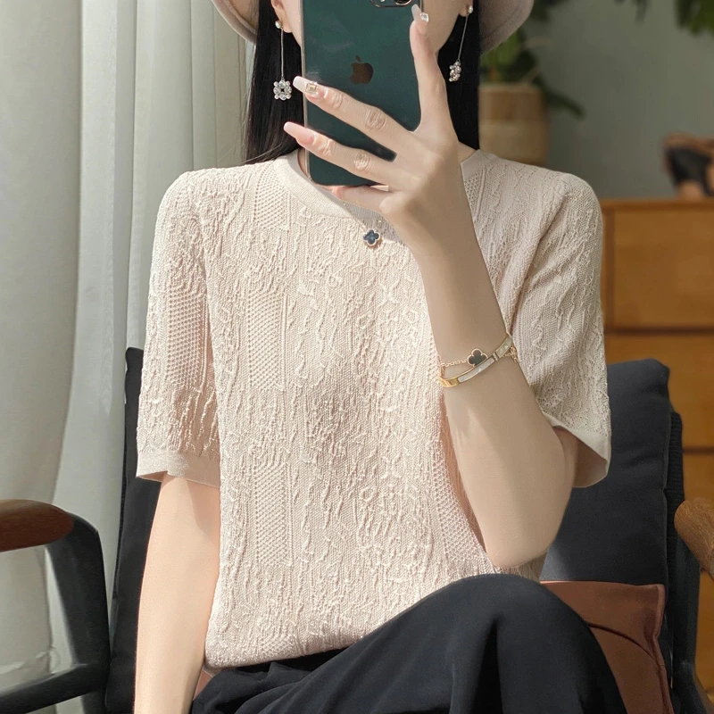 2025新款圆领提花短袖宽松针织衫T恤洋气时尚镂空百搭气质显瘦