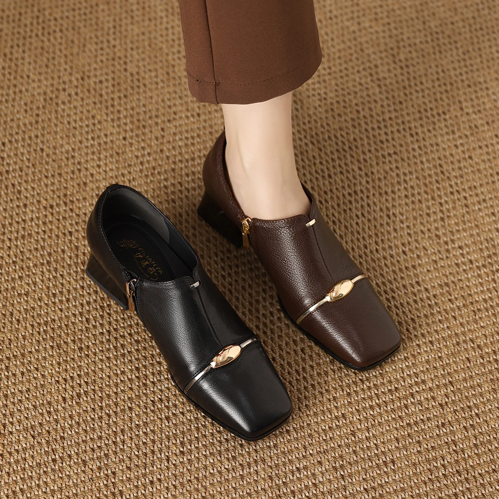 1809-2真皮深口女单鞋中跟方头大码休闲百搭