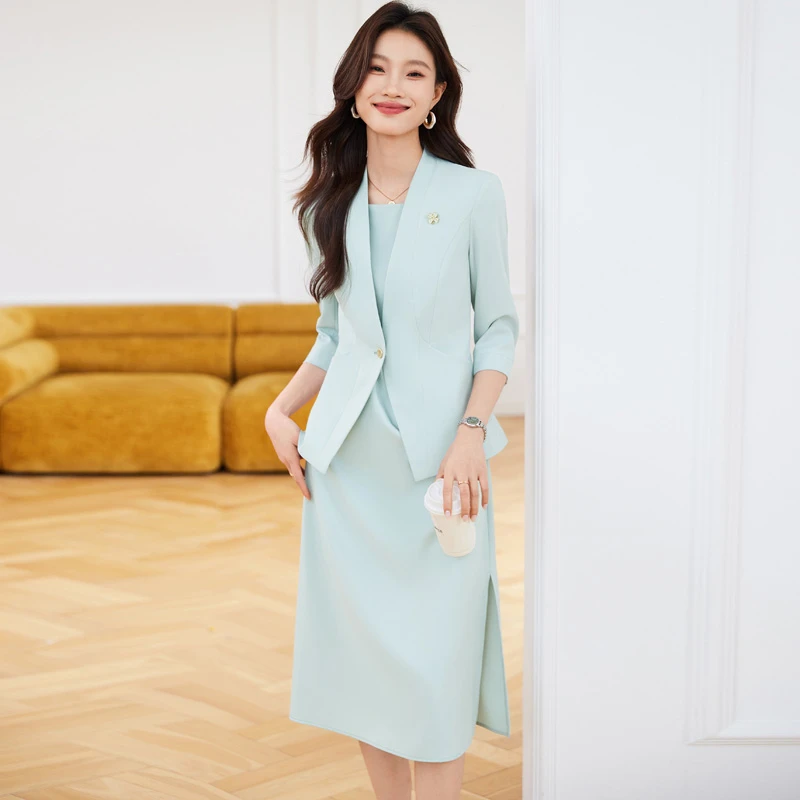 白色七分袖职业西装连衣裙套装女2025春夏气质显瘦休闲前台工作服