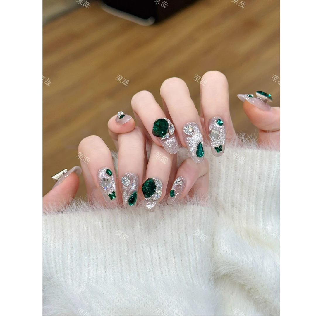 茉哉【祖母绿】纯手工定制美甲拆卸穿戴甲A5103