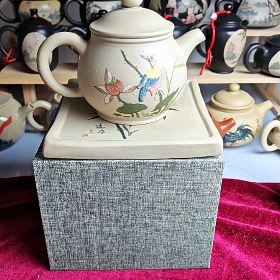 建水紫陶堆雕刻绘茶壶复烧微瑕9号200cc