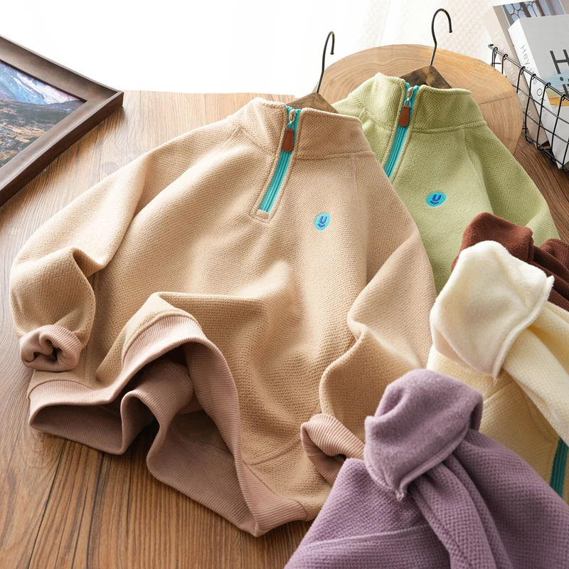 儿童双面绒卫衣早春装2025新款摇粒绒男童女童半拉链打底衫冬款