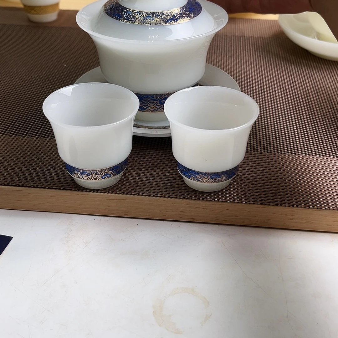 瓷片高档翡翠玉瓷对金盖碗加2个客杯