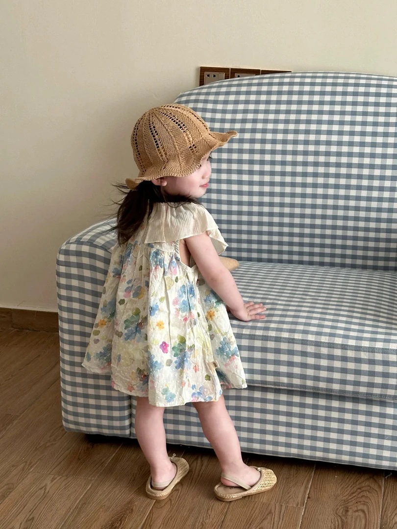 釉兮 女童大翻领棉麻碎花裙