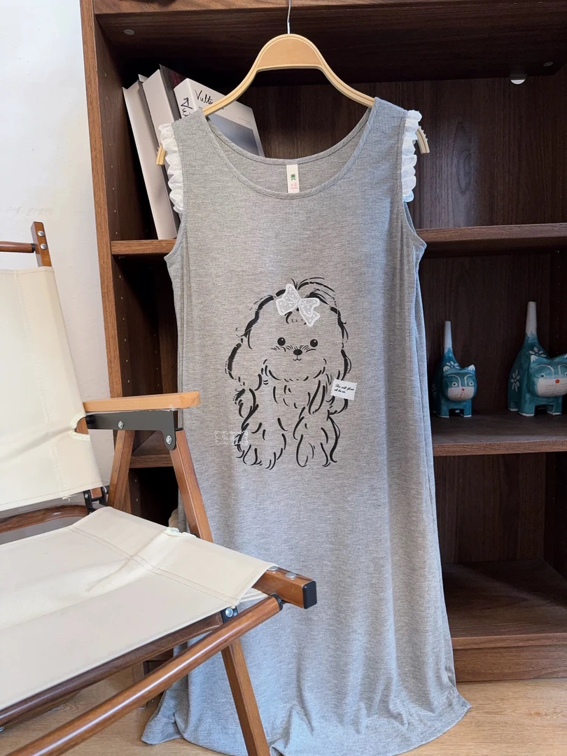 【带胸垫】夏季新款莫代尔女士睡裙卷毛小狗灰色宽松休闲简约家居服