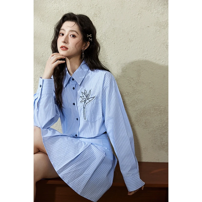 【小铃铛专属】谜秀轻法式条纹连衣裙A字摆撞色绣花短裙MXE12L2120