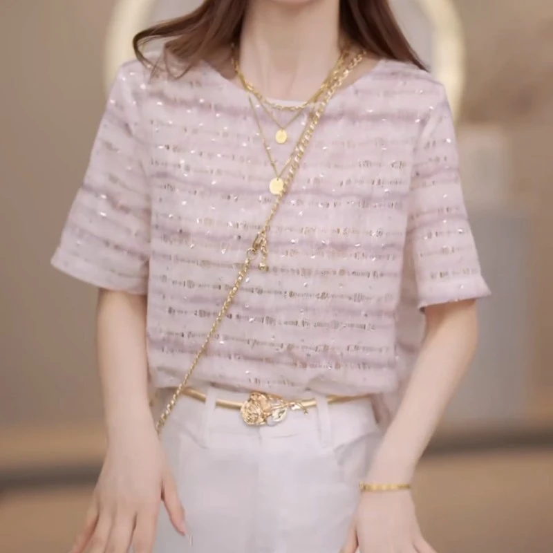 小香风条纹针织短袖女2025新款爆夏季蕾丝花边小个子正肩宽松上衣