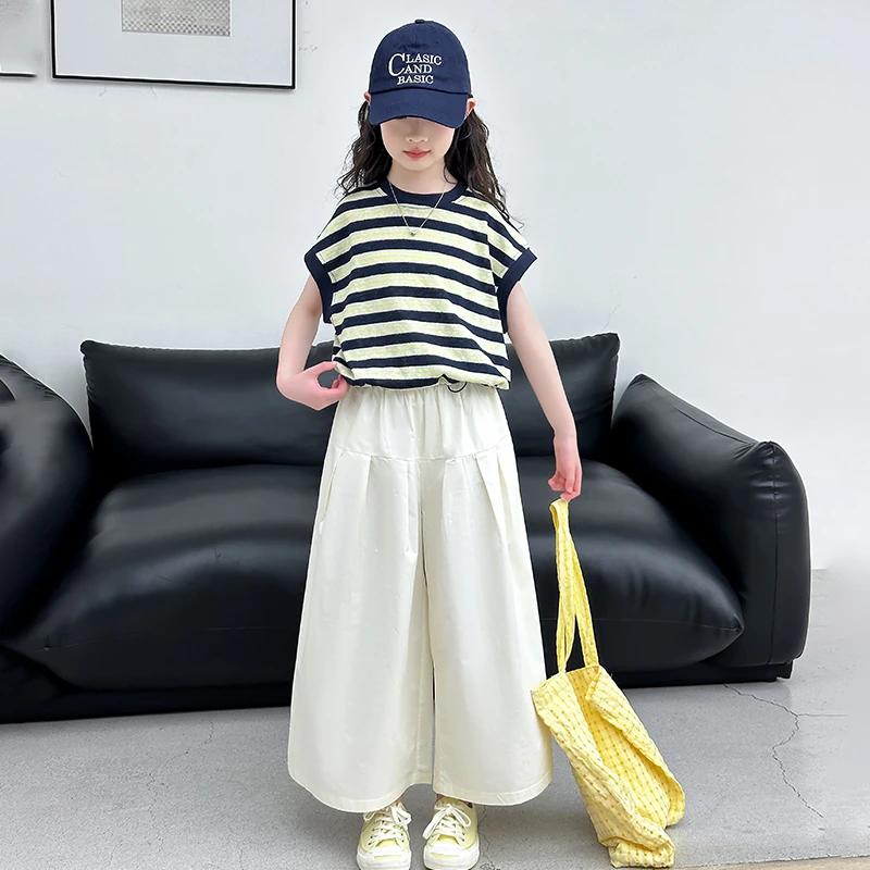 女童夏装条纹短袖阔腿裤套装2025新款女大童韩系时髦宽松两件套潮