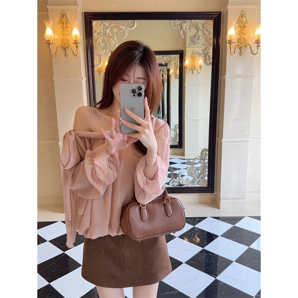 法式高级感斜肩绑带衬衫+时尚气质皮裙短裙81118清冷系禅意衣服女