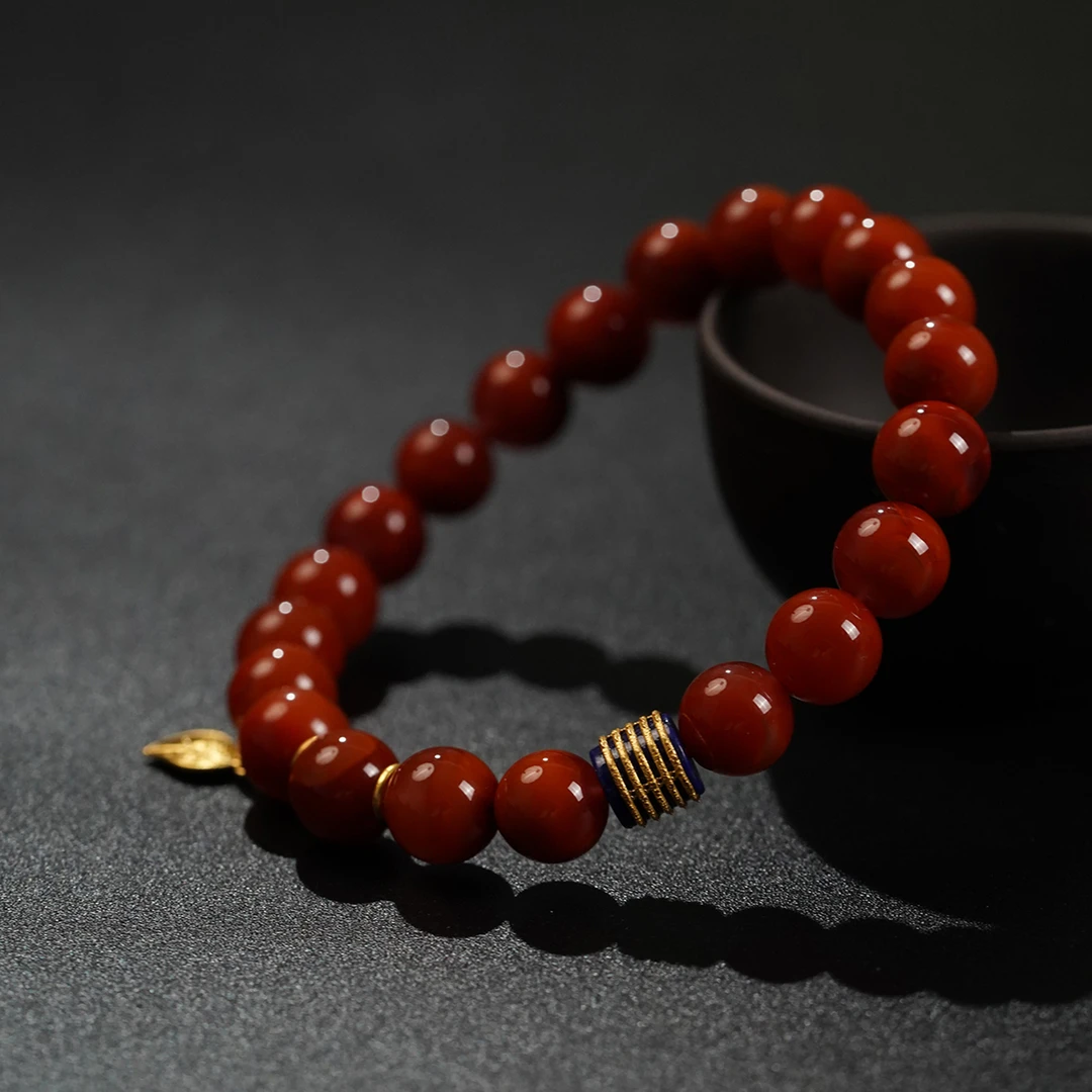 18K镶金枝玉叶南红手串 S-62 单圈红色女款国风轻奢百搭女王