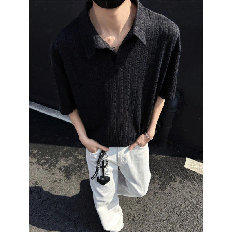 黑色麦穗纹短袖polo衫男款老钱风肌理感三本针打底衫V领半袖T恤