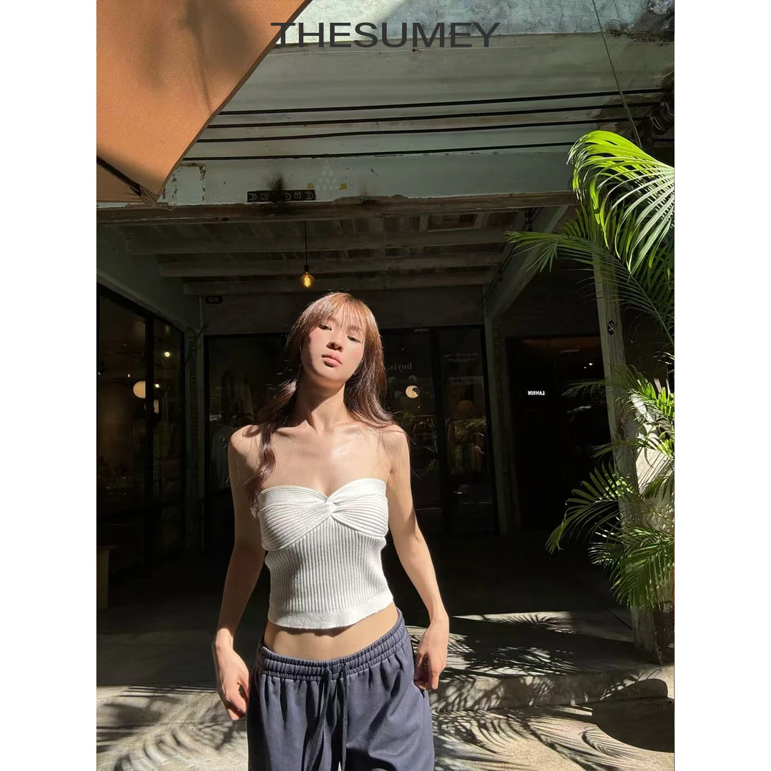 THESUMEY蝴蝶结短款上衣辣妹针织抹胸女2025夏季修身美背裹胸背心