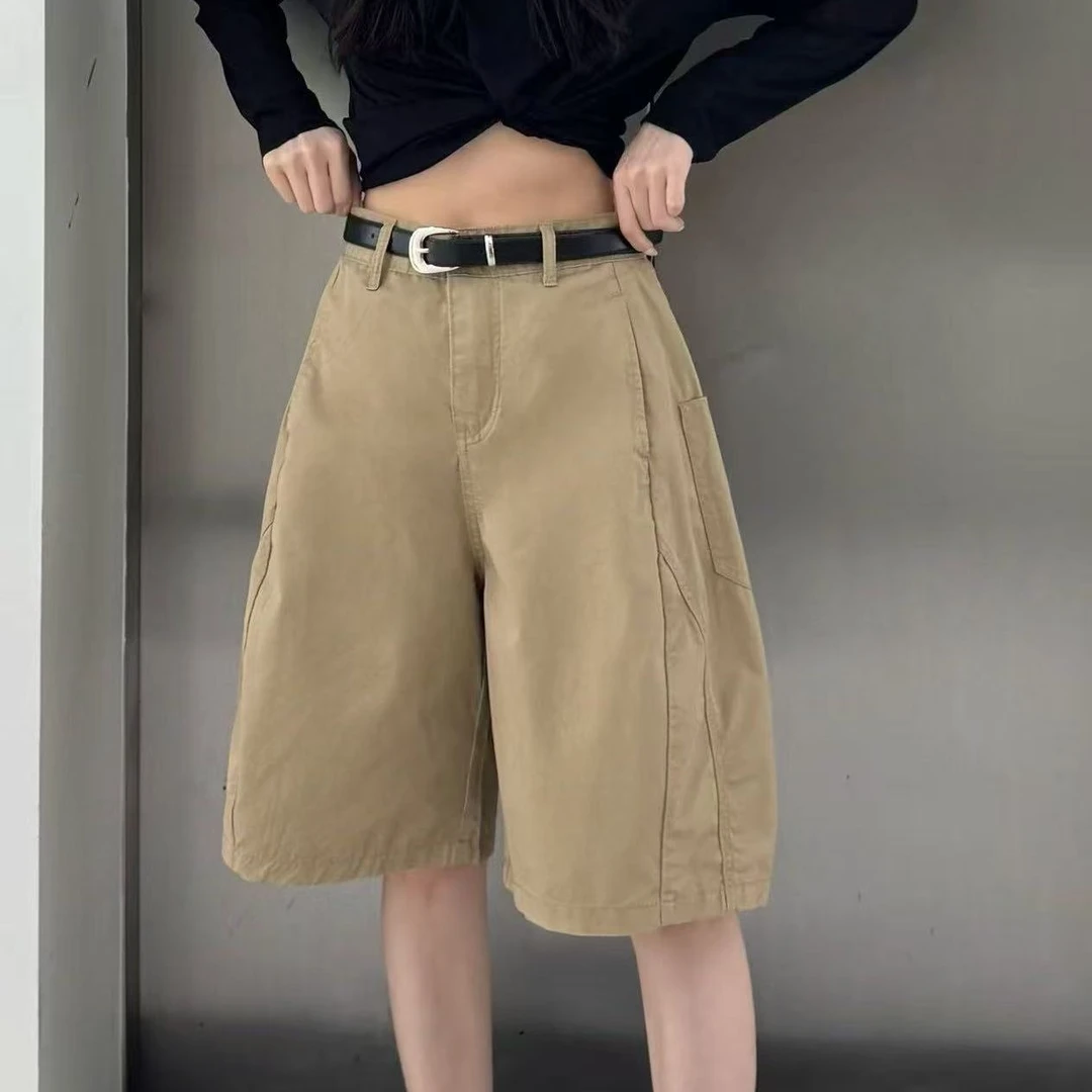 【气球五分裤】100%棉~欧洲站纯色简约百搭休闲五分短裤(带腰带)
