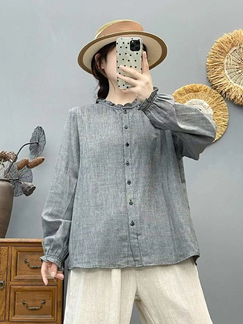 织莎棉女衬衫木耳领织千鸟格时尚休闲高品质上衣86381