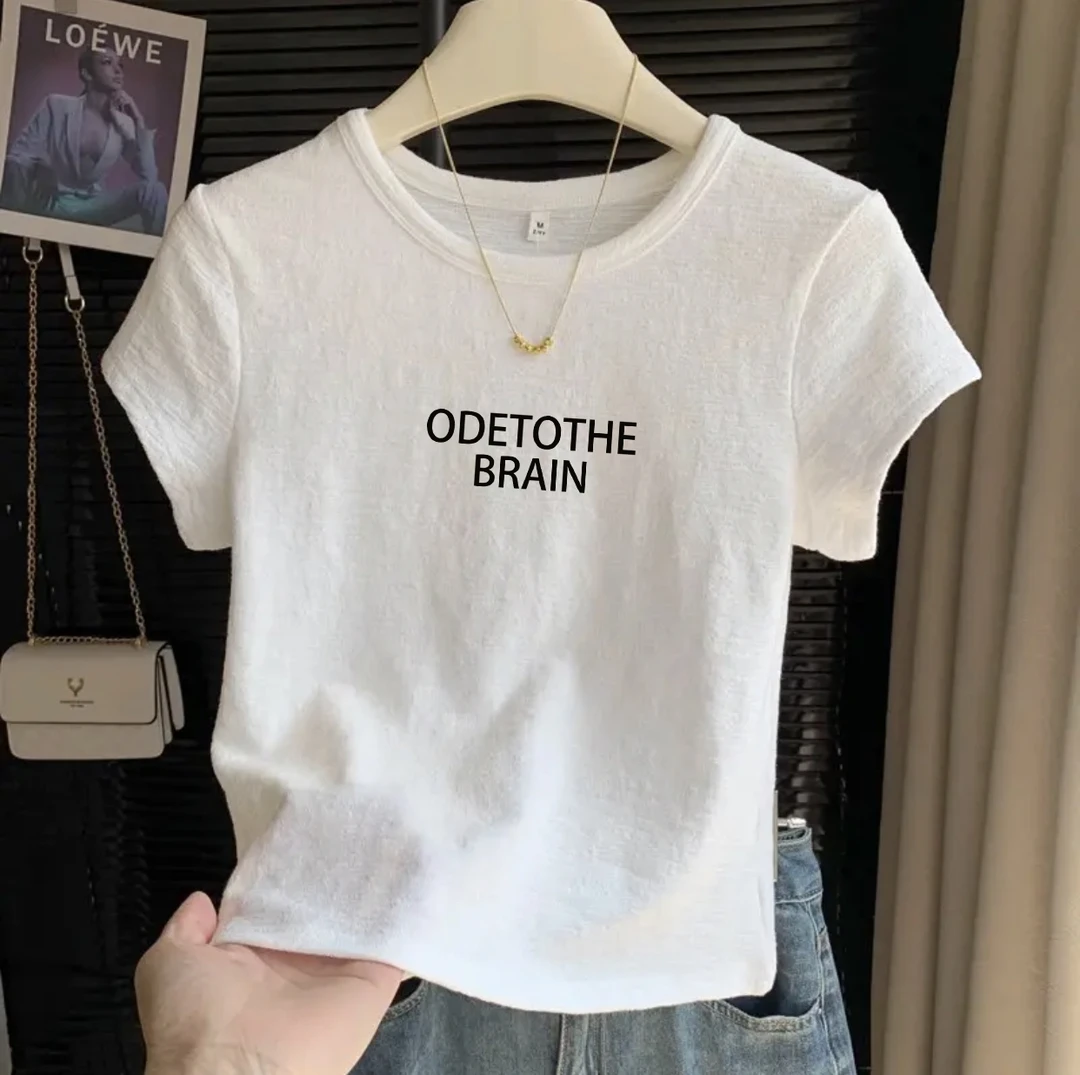 韩系正肩小众设计肌理短袖T恤女修身圆领不撞款上衣文艺棉纱纯白