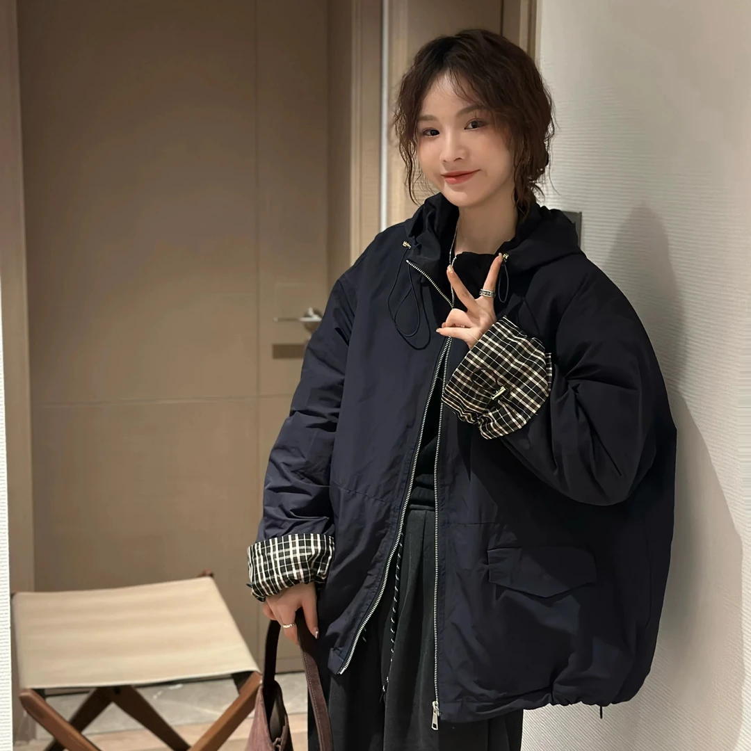 欧版冲锋衣外套2024秋冬宽松休闲撞色格子加厚上衣女