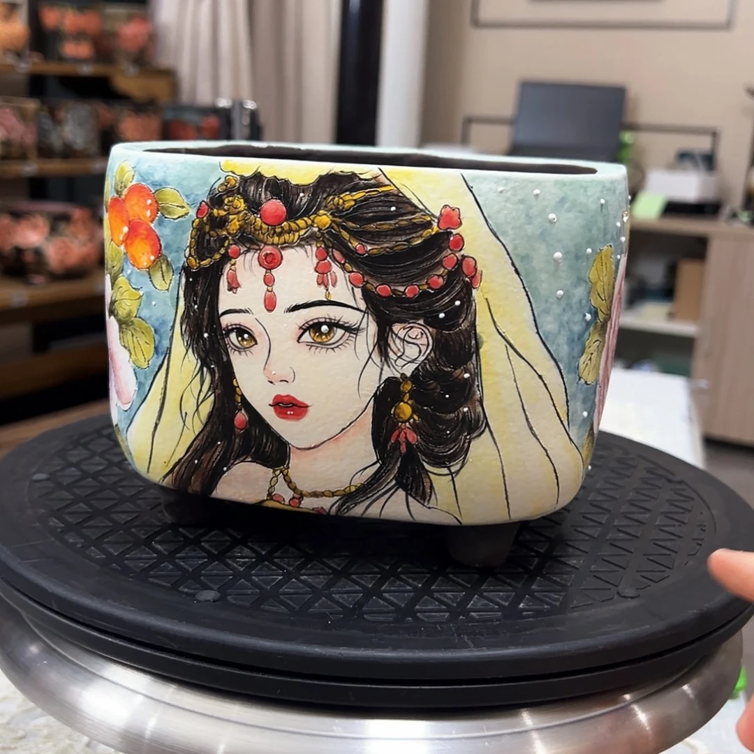 手绘陶瓷花盆口15.5高13