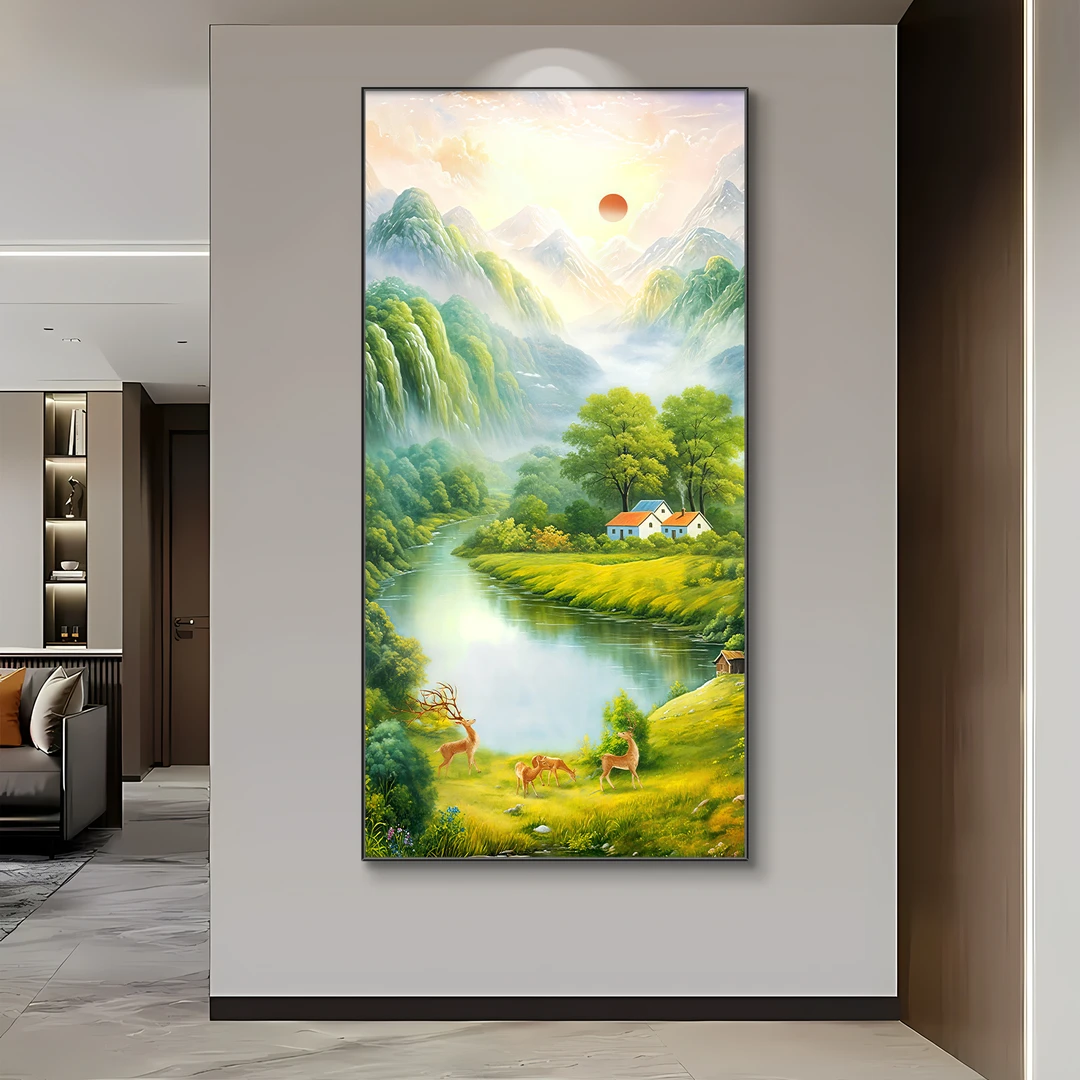 旭日东升聚宝盆招财装饰画现代轻奢山水风景画入户玄关靠山挂画