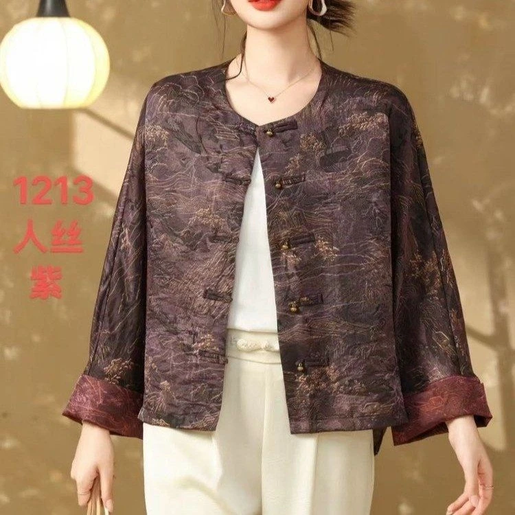 2025年秋季新款人丝国风印花盘扣圆领外套女03