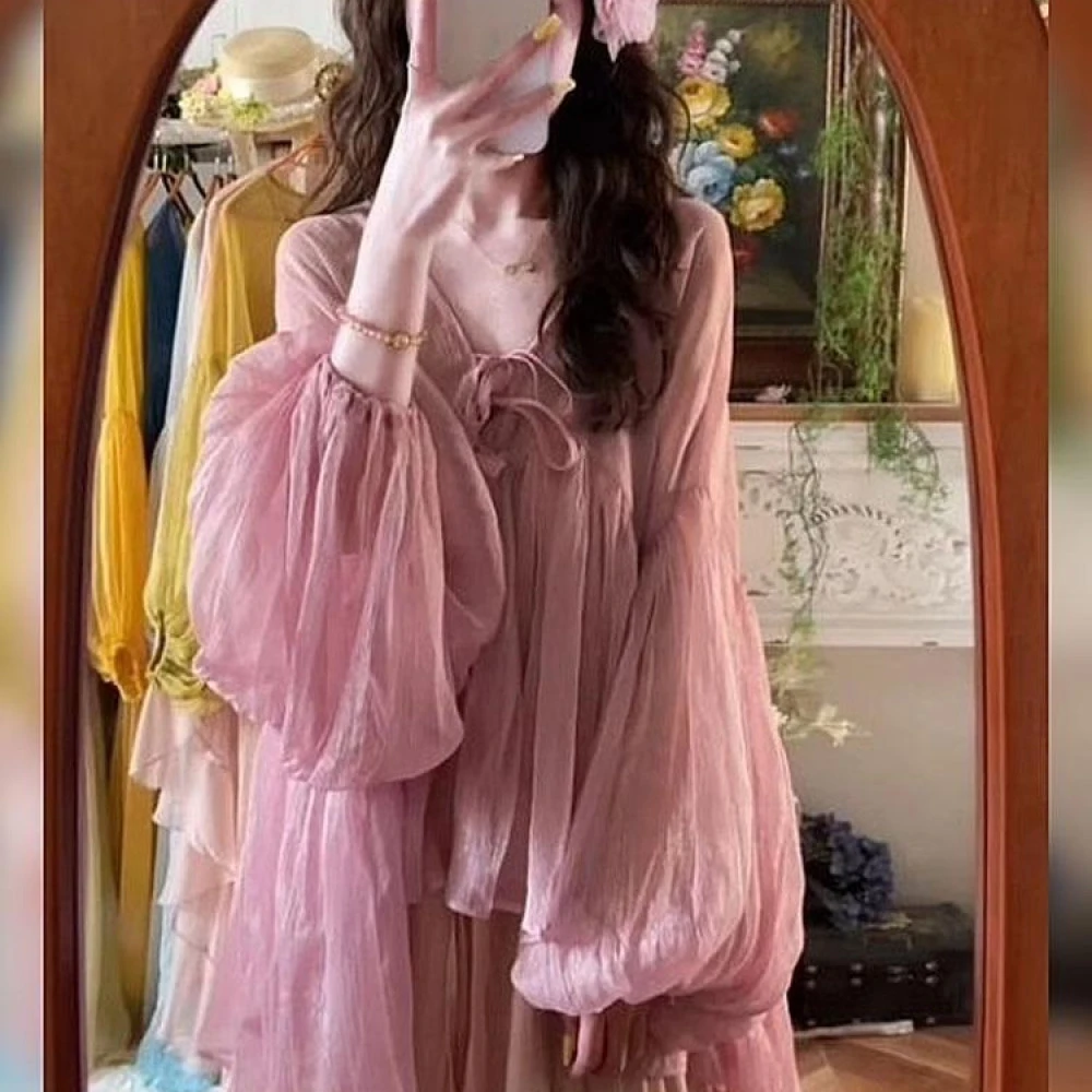 独特绝美初春小套装超好看漂亮减龄粉色泡泡袖衬衫配半身裙两件套