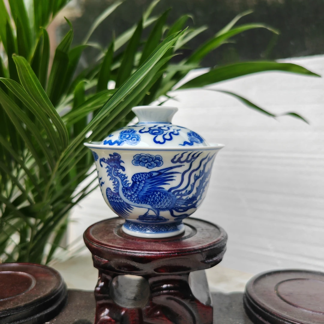 明逸堂缠枝手绘陶瓷｜青花凤凰盖碗纯手工釉下青花