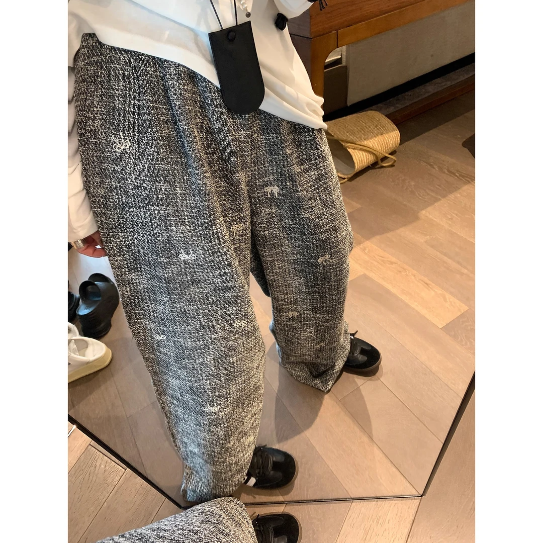 新款小香风秋冬款刺绣蝴蝶结编织高级显瘦休闲阔腿裤