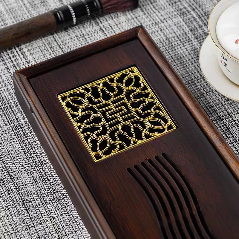 干泡台茶盘家用简约干泡盘便携茶盘胡桃色荷花干泡盘-4812