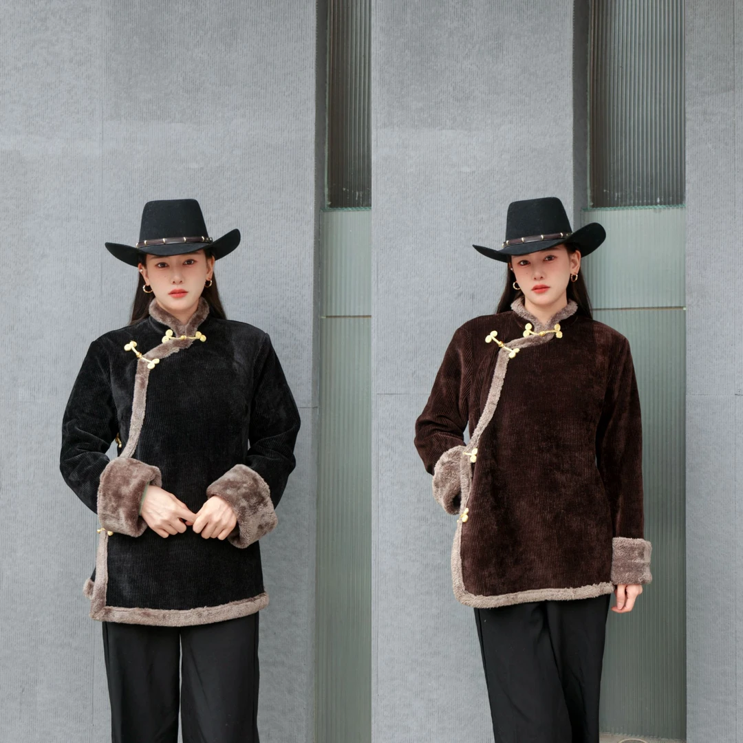 WT167黑色藏式外套新中式国风名族风加绒加厚藏服西藏拉萨日常服