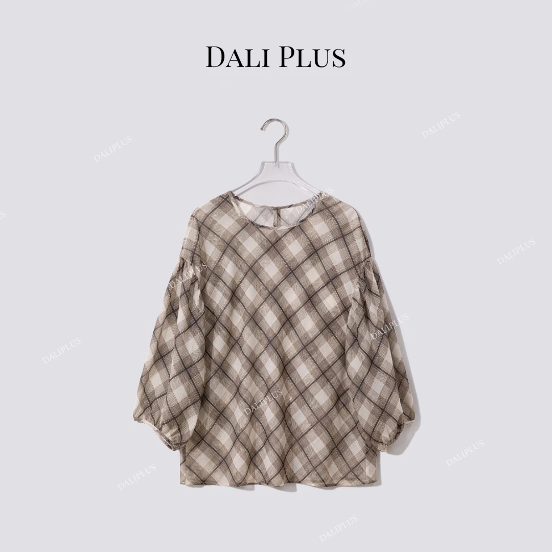 DALI PLUS“真丝格纹衬衫”高克重桑蚕丝圆领衬衫-D5WG0001