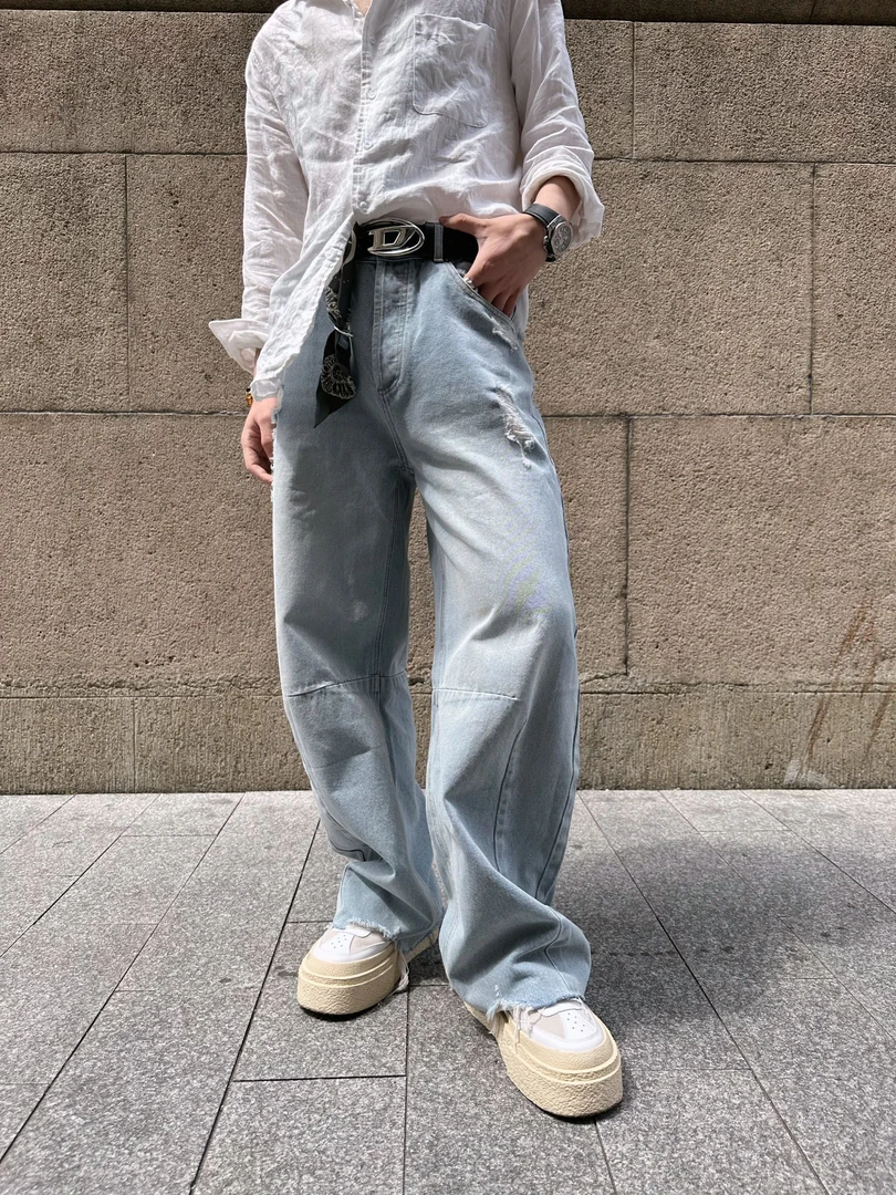 春夏 牛王 “12500”样  美式天蓝色小众设计师弯刀立体水洗牛仔裤