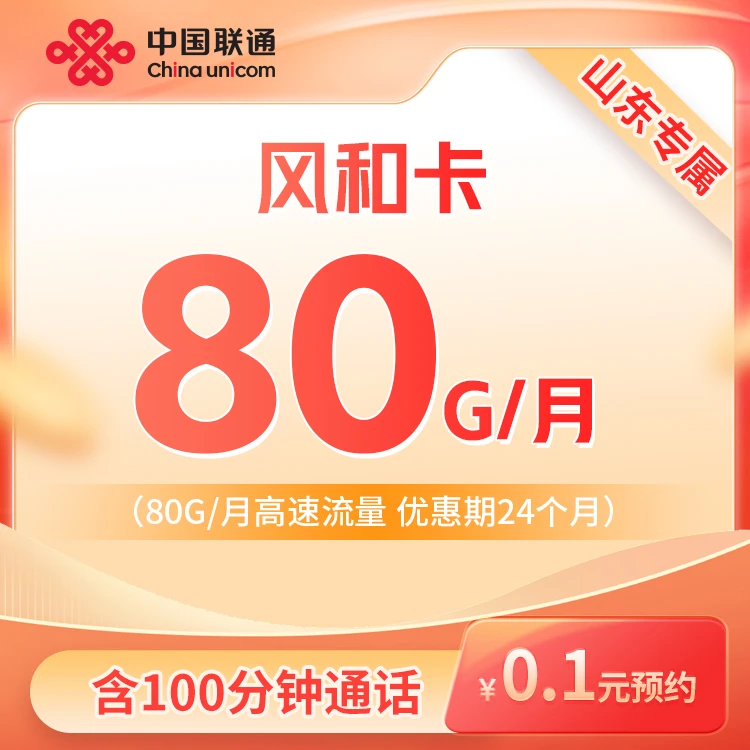 【山东专属预约】风和卡含80G全国流量+100分钟通话