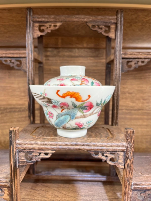 景德镇创汇瓷器小盖碗茶具锦鸡寿桃折腰盖碗白瓷100cc