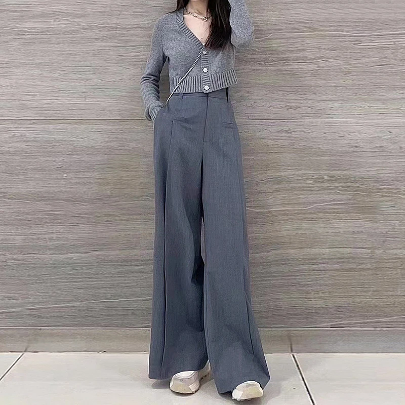 灰色阔腿裤女春秋新款高腰口袋休闲裤小个子通勤宽松显瘦西装裤子