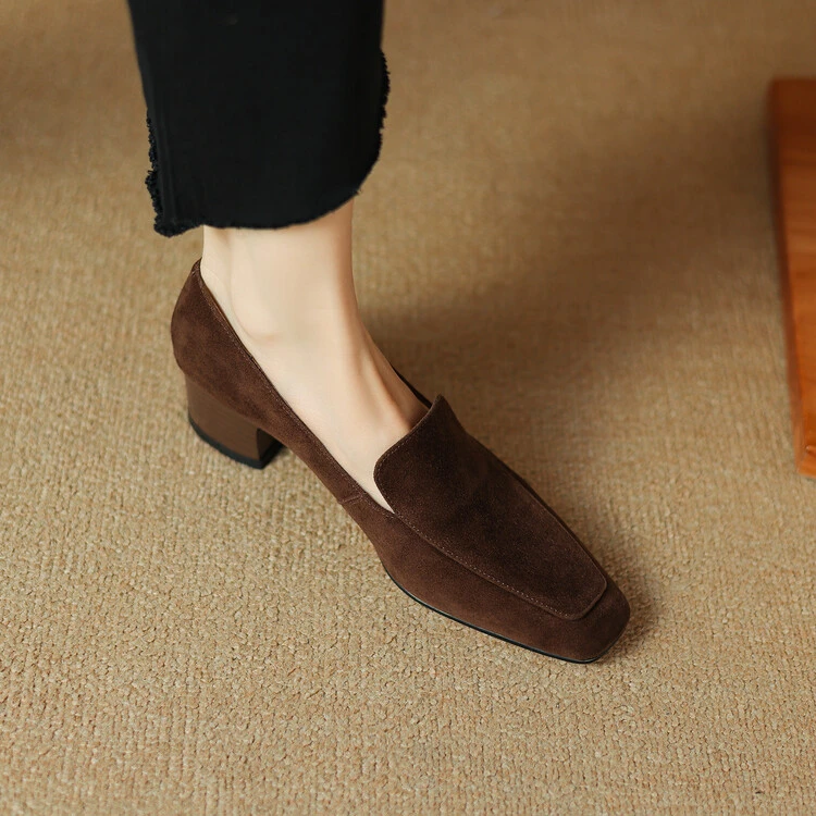 4cm~黑色工鞋真皮乐福鞋女春秋新款方头粗跟中跟单鞋一脚蹬小皮鞋