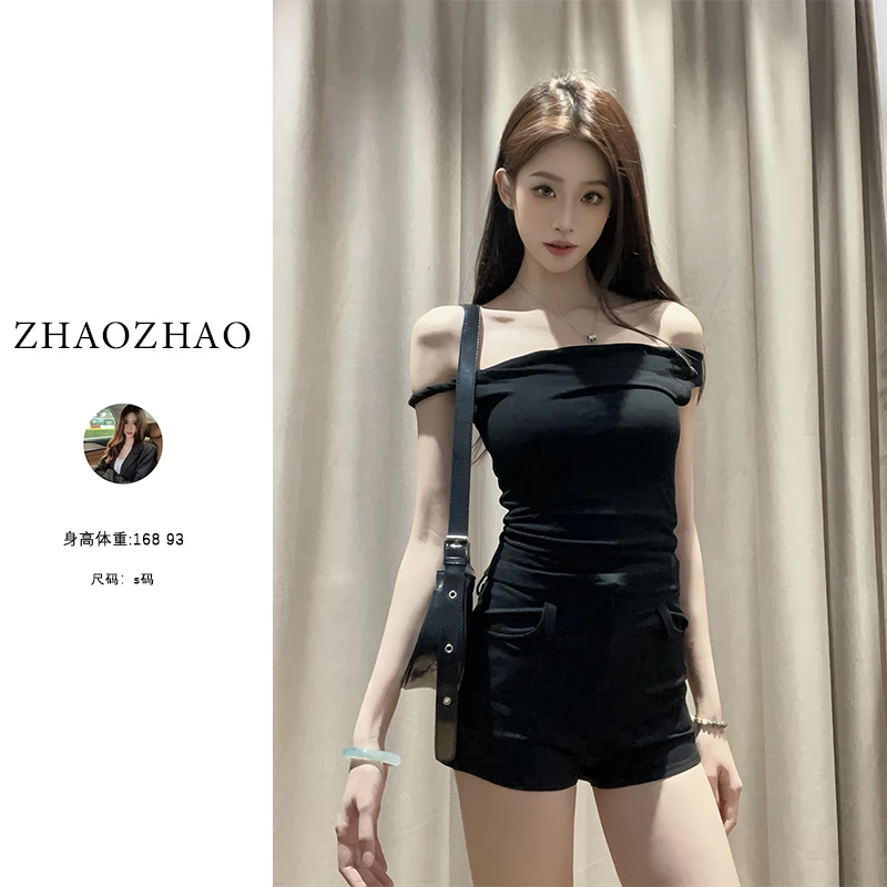 【ZHAOZHAO】性感纯欲露肩扭结设计粉色T恤女修身显瘦设计感辣妹