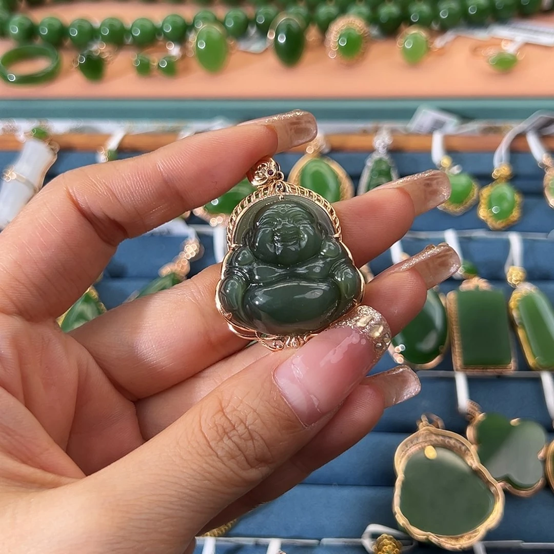 和田玉（碧玉）18K金镶嵌吊坠(不含链)