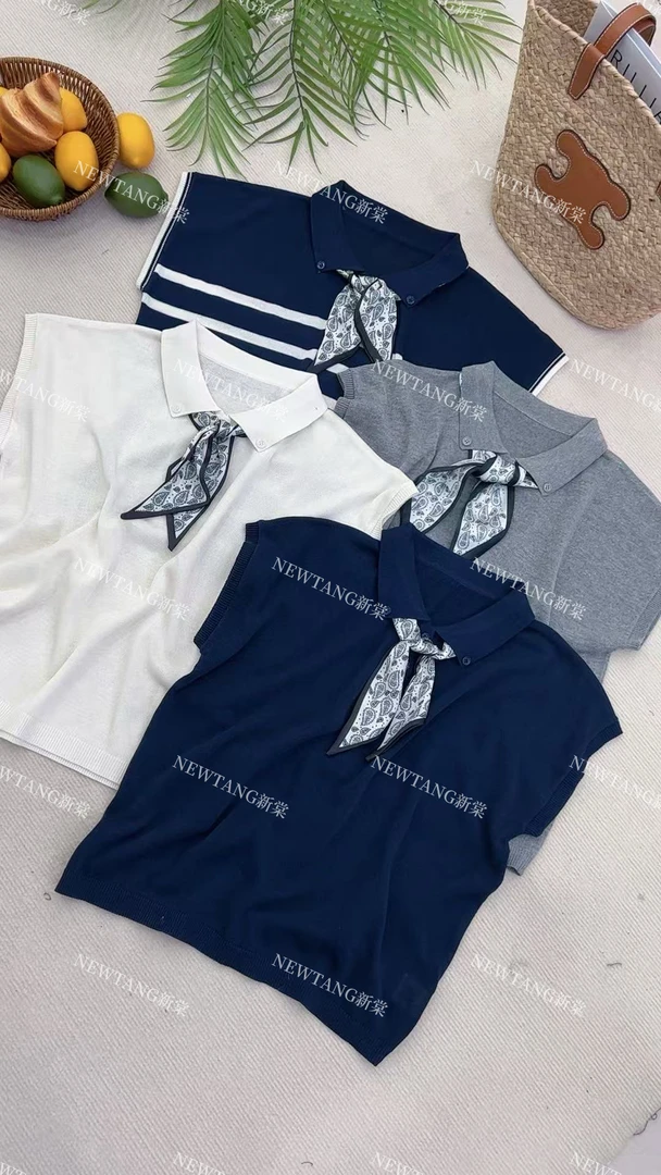 【丝巾翻领】242气质翻领polo时尚丝巾夏季短袖