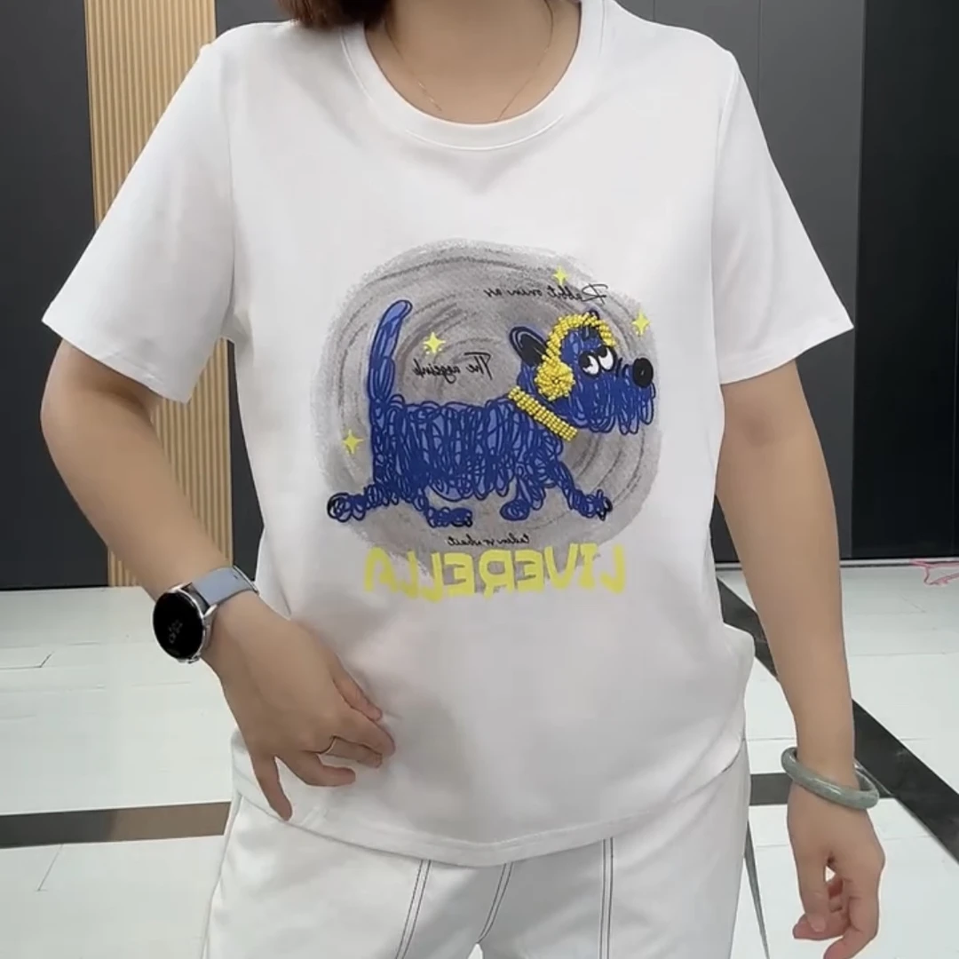 鑫家68225夏季新款大码短袖T恤印图小狗图案圆领休闲T恤短袖上衣