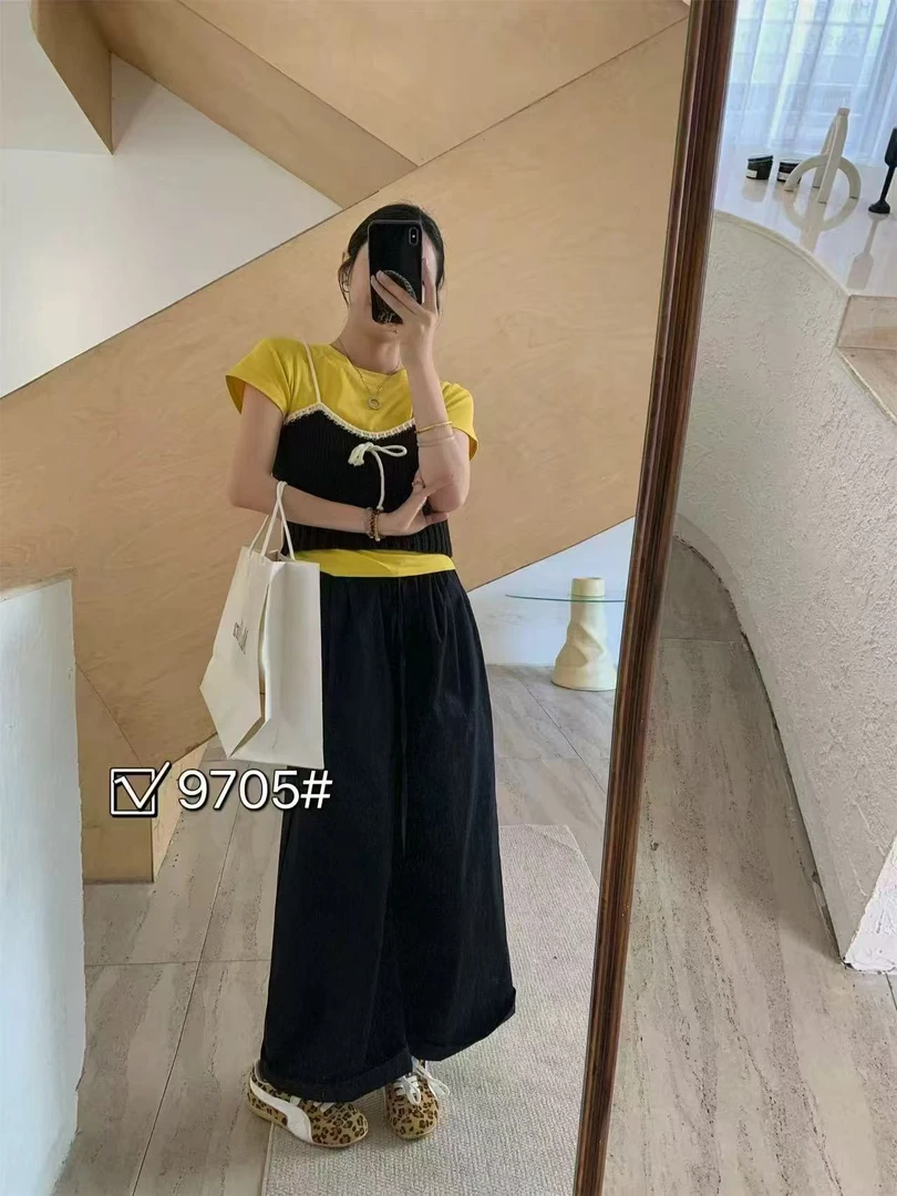 9705裤子韩版韩系时尚套装阔腿裤上衣短袖甜美风高腰