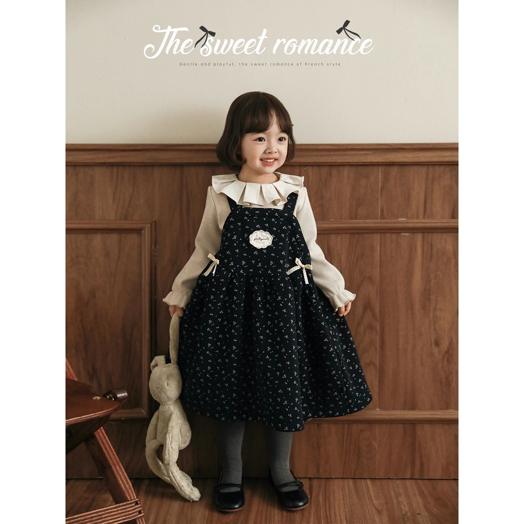 幼悠女童秋冬装森系碎花加绒加厚背带裙套装秋冬款儿童衣服D4580