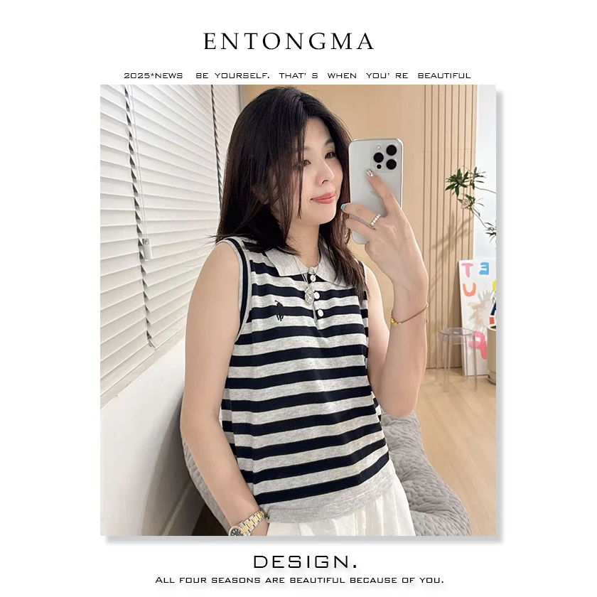 ENMA无袖T恤不显壮上衣黑白条纹夏季百搭简约