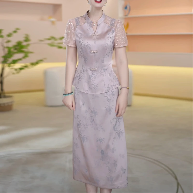 时尚复古两件套连衣裙女夏季2025年新款冰丝缎新中式半身裙套装