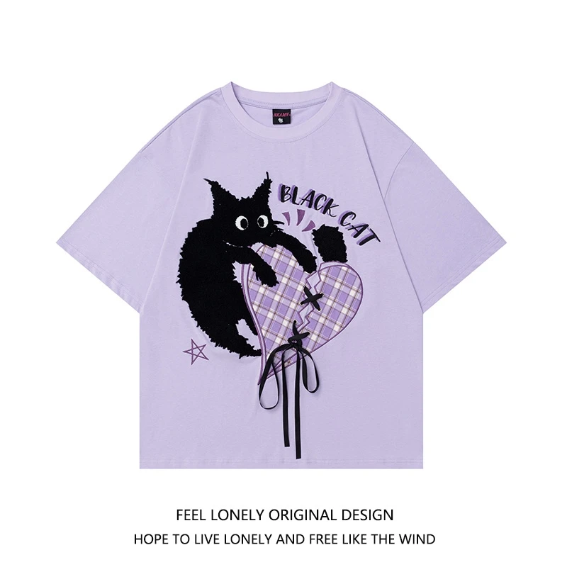 Feel lonely 可爱植绒猫咪格纹绑带爱心宽松百搭短袖女夏季休闲潮