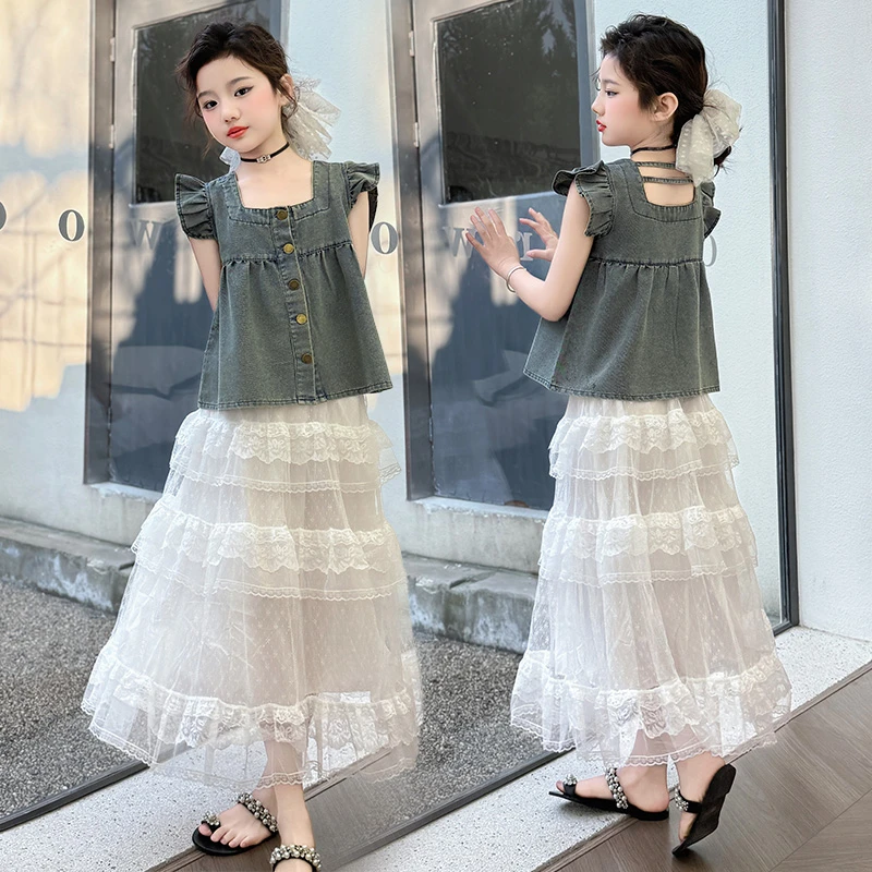 女童夏装蛋糕裙套装2025新款儿童洋气牛仔飞袖上衣半身裙两件套潮