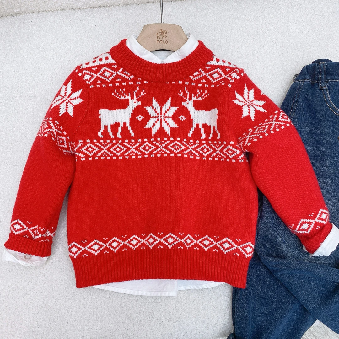 中大童圆领套头红色毛衫节日氛围儿童针织毛衫秋冬款中性男女童