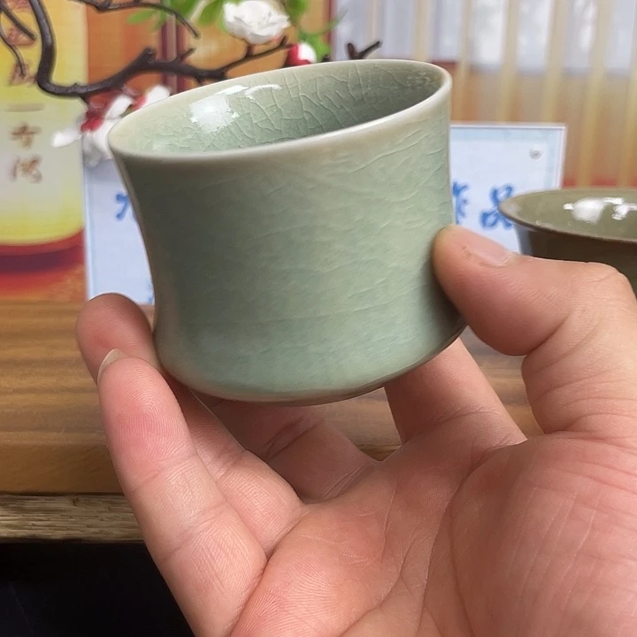 全***敌杯柴烧豆绿釉主人杯精品