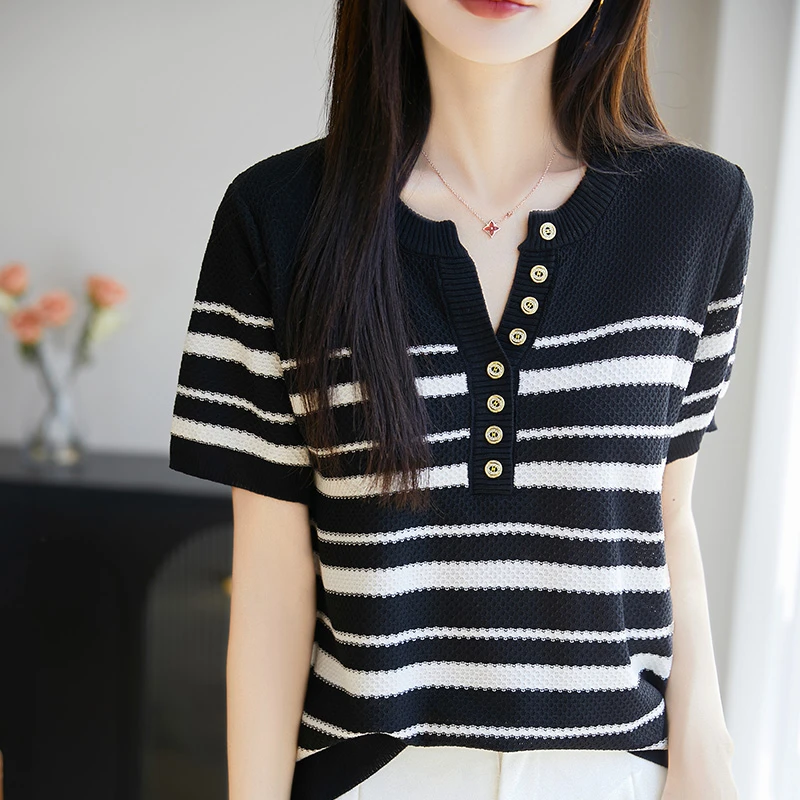 品牌女装正品短款洋气夏季针织衫短袖T恤时尚薄款气质条纹上衣